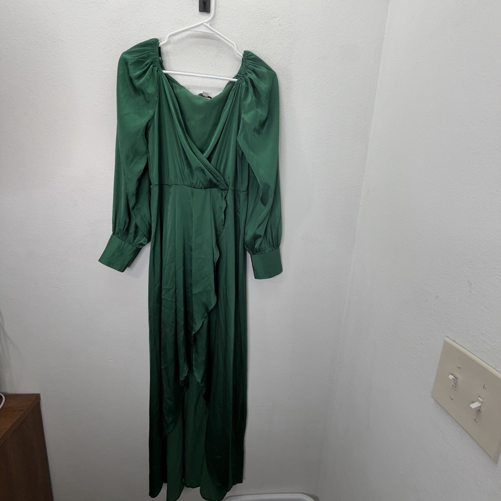 Baltic Born Green Satin Maxi Dress Faux Wrap Long Sleeve Sz M Formal Holiday